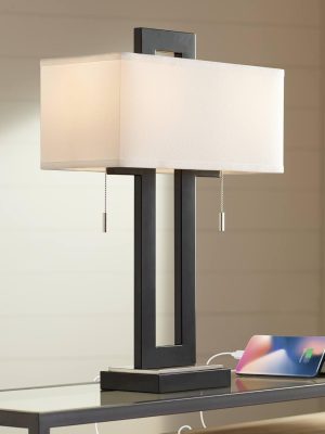Modern Rustic Table Lamp 26" High with Charging Port Black Open Metal White Fabric Rectangular Shade for Bedroom Living Room House Home Bedside Nightstand Office Family