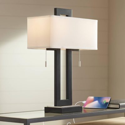 Modern Rustic Table Lamp 26" High with Charging Port Black Open Metal White Fabric Rectangular Shade for Bedroom Living Room House Home Bedside Nightstand Office Family