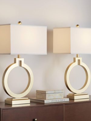Modern Table Lamps 28 1/2" Tall Set of 2 with  Charging Port Brushed Gold Open Ring White Rectangular Shade for Bedroom Living Room House Bedside Nightstand Office Family