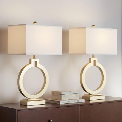 Modern Table Lamps 28 1/2" Tall Set of 2 with Charging Port Brushed Gold Open Ring White Rectangular Shade for Bedroom Living Room House Bedside Nightstand Office Family