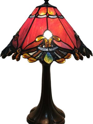Baroque  Style Stained Glass Table Lamp Night Light with 13 Inches Wide Handmade Lampshade Metal Base for Bedside Bedroom Living Room Decoration, 13" W x 19" H, Red
