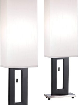 Floating Modern Table Lamps 30" Tall Set of 2 Black Metal Open Frame White Fabric Rectangular Box Shade for Bedroom Living Room House Home Bedside Nightstand Office Entryway