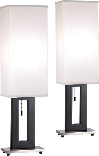 Floating Modern Table Lamps 30" Tall Set of 2 Black Metal Open Frame White Fabric Rectangular Box Shade for Bedroom Living Room House Home Bedside Nightstand Office Entryway