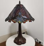 Baroque Style Stained Glass Table Lamp Night Light with 13 Inches Wide Handmade Lampshade Metal Base for Bedside Bedroom Living Room Decoration, 13" W x 19" H, Red