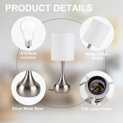 Touch Lamps for Nightstand, Gold Bedside Lamp Touch Control for Bedroom with Linen Shade, Mid Century Modern 13 inch Small Table Lamp for Living Room with E26 Bulb Included (Silver 13" - 1 Pack)