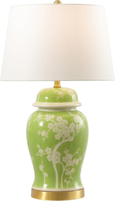 29.5" Traditional Cottage Ceramic/Metal Ginger Jar Table Lamp, Green/White for Bedroom, Living Room, Office, College