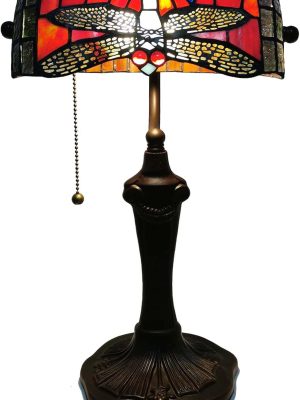 Style Stained Glass Bankers Desk Lamp Table Lamp for Reading Working Home Decoration, 10" W x 16" H (Red)