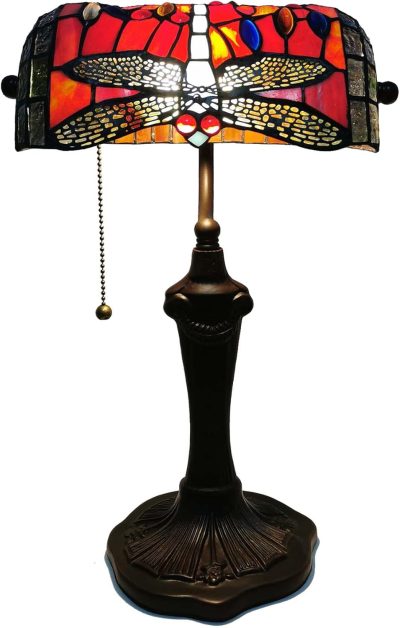 Style Stained Glass Bankers Desk Lamp Table Lamp for Reading Working Home Decoration, 10" W x 16" H (Red)
