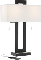 Modern Rustic Table Lamp 26" High with Charging Port Black Open Metal White Fabric Rectangular Shade for Bedroom Living Room House Home Bedside Nightstand Office Family