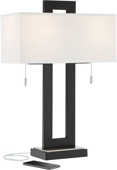 Modern Rustic Table Lamp 26" High with Charging Port Black Open Metal White Fabric Rectangular Shade for Bedroom Living Room House Home Bedside Nightstand Office Family