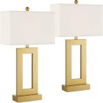 30" Tall Open Rectangle Large Modern Luxe Glam End Table Lamps Set of 2 Gold Finish Metal White Shade Living Room Bedroom Bedside Nightstand House Office Home Kitchen