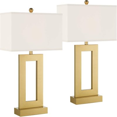 30" Tall Open Rectangle Large Modern Luxe Glam End Table Lamps Set of 2 Gold Finish Metal White Shade Living Room Bedroom Bedside Nightstand House Office Home Kitchen