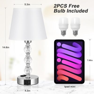 14.6'' Bedside Lamps for bedrooms Set of 2 - Mini Crystal Table Lamps with USB A+C Charging Ports and AC Outlet, 3 Way Dimmable Touch Control Silver Bed Side Nightstand Lamp