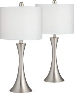 Modern Table Lamps 24" Tall Set of 2 with Dimmers Brushed Nickel Silver Metal White Drum Shade for Bedroom Living Room House Home Bedside Nightstand Office Family