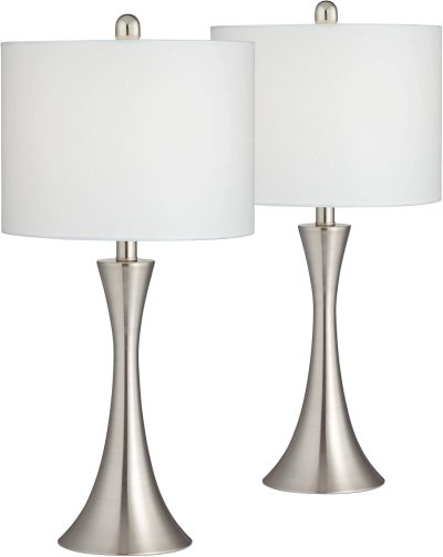 Modern Table Lamps 24" Tall Set of 2 with Dimmers Brushed Nickel Silver Metal White Drum Shade for Bedroom Living Room House Home Bedside Nightstand Office Family