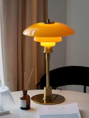 Modernist Table Lamp, Metal and Glass Bedside Light for Study Room, Bedroom, Living Room, 18 * 11 Inch, Orange+Gold