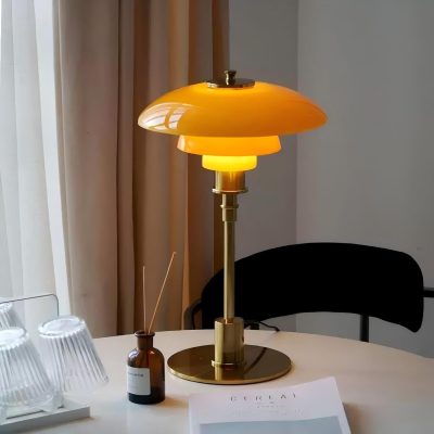 Modernist Table Lamp, Metal and Glass Bedside Light for Study Room, Bedroom, Living Room, 18 * 11 Inch, Orange+Gold