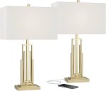 Modern Table Lamps 29 1/2" Tall Set of 2 with Dual Charging Ports Gold Metal White Rectangular Shade for Bedroom Living Room House Bedside Nightstand Office Family
