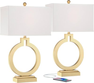 Modern Table Lamps 28 1/2" Tall Set of 2 with Charging Port Brushed Gold Open Ring White Rectangular Shade for Bedroom Living Room House Bedside Nightstand Office Family