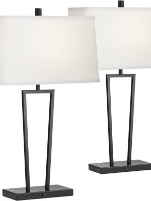 Modern Minimalist Table Lamps 27" Tall Set of 2 with Charging Ports Black Metal White Rectangular Shade for Living Room Bedroom House Bedside Nightstand Home Office