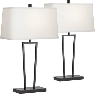 Modern Minimalist Table Lamps 27" Tall Set of 2 with Charging Ports Black Metal White Rectangular Shade for Living Room Bedroom House Bedside Nightstand Home Office
