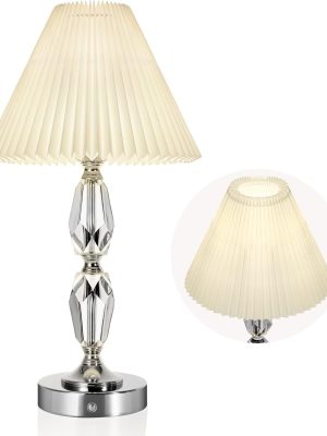 Rechargeable Table Lamp With Touch Dimmer,Acrylic Cordless Lamp with 4400mAh Battery Operated,3-Level Brightness,Pleated Linen Fabric Shade,Portable Cordless Table Lamp for Dinner,Patio(Bulb Included)