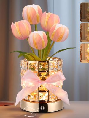Tulip Flower Lamps, Rechargeable Cordless Small Desk Lamp, 3 Colors Dimmable Artificial Flowers Night Light, Fake Bouquet 5 Tulip with Crystal Vase for Home Date Party Decoration (Tulip-Pink)