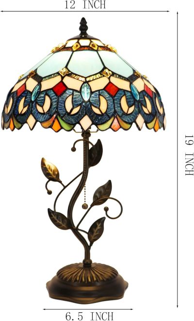 Table Lamp, Stained Glass Desk Light, W12H19 Inch, Metal Leaf Base (Baroque Style)