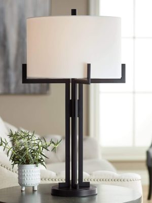 Modern Industrial Minimalist Style Table Lamp 31.5" Tall Black Metal White Drum Shade Decor for Living Room Bedroom House Bedside Nightstand Home Office Reading Entryway