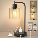 Industrial Touch Control Table Lampwith USB A+C Ports and AC Outlet, 3-Way Dimmable Bedside Nightstand Reading Lamps with Light Bulb, Glass Desk Lamp for Bedroom, Office