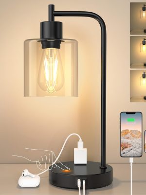 Industrial Touch Control Table Lampwith USB A+C Ports and AC Outlet, 3-Way Dimmable Bedside Nightstand Reading Lamps with Light Bulb, Glass Desk Lamp for Bedroom, Office