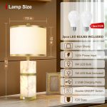 Natural Alabaster Table Lamps Set of 2 - Table Lamp with Night Light for Bedroom,Nightstand Lamps with Ports,Bedside Lamps with Linen Fabric Shade for Living Room,Bedroom,Office,Bar(Bulb Included)