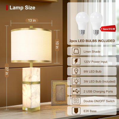 Natural Alabaster Table Lamps Set of 2 - Table Lamp with Night Light for Bedroom,Nightstand Lamps with Ports,Bedside Lamps with Linen Fabric Shade for Living Room,Bedroom,Office,Bar(Bulb Included)