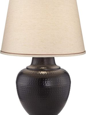 Rustic Farmhouse Table Lamp 27.25" Tall Hammered Warm Bronze Metal Pot Beige Fabric Drum Shade for Living Room Bedroom House Bedside Nightstand Home Office