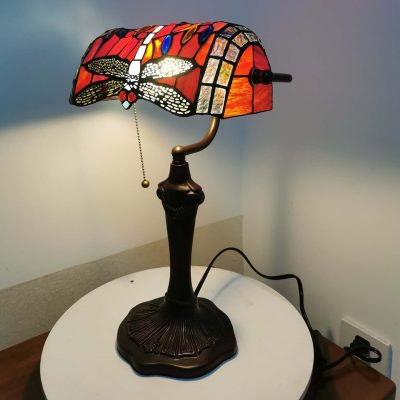 Style Stained Glass Bankers Desk Lamp Table Lamp for Reading Working Home Decoration, 10" W x 16" H (Red)