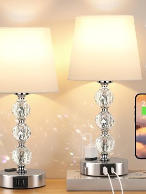 14.6'' Bedside Lamps for bedrooms Set of 2 - Mini Crystal Table Lamps with USB A+C Charging Ports and AC Outlet, 3 Way Dimmable Touch Control Silver Bed Side Nightstand Lamp