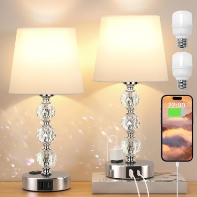 14.6'' Bedside Lamps for bedrooms Set of 2 - Mini Crystal Table Lamps with USB A+C Charging Ports and AC Outlet, 3 Way Dimmable Touch Control Silver Bed Side Nightstand Lamp