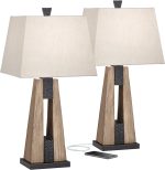 Rustic Farmhouse Table Lamps 27" Tall Set of 2 with Port Wood Oatmeal Tapered Rectangular Fabric Shade for Living Room Bedroom House Bedside Nightstand Home Office