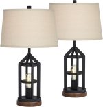 Table Lamps 26" High Set of 2 with Charging Port and Nightlight Bronze Metal Oatmeal Drum Shade for Living Room Bedroom House Bedside Nightstand Home