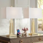 Modern Table Lamps 29 1/2" Tall Set of 2 with Dual Charging Ports Gold Metal White Rectangular Shade for Bedroom Living Room House Bedside Nightstand Office Family