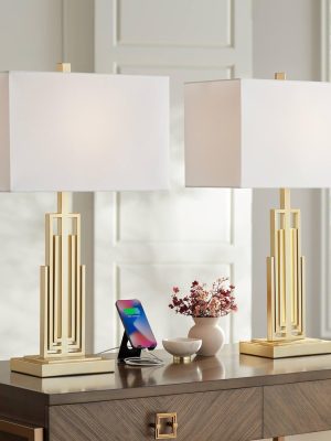 Modern Table Lamps 29 1/2" Tall Set of 2 with Dual  Charging Ports Gold Metal White Rectangular Shade for Bedroom Living Room House Bedside Nightstand Office Family