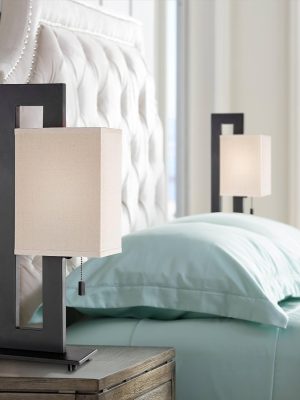 Modern Ac Table Lamps 20.5" High Set of 2 Espresso Bronze Open Rectangular Metal Base Oatmeal Floating Box Shade for Living Room Bedroom House Bedside Nightstand Home