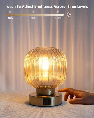 Touch Small Table Lamp,Elegant Gold Glass Bedside Lamp 3 Way Dimmable with USB C+A Charging Bedroom Nightstand & Living Room Essential, 4W Bulb Included (Gold)