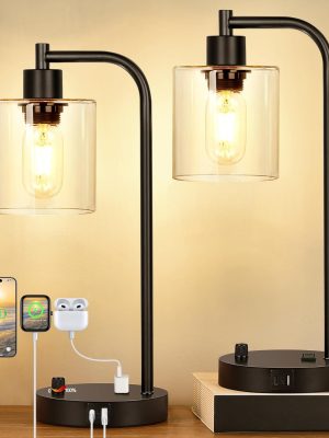 Set of 2 Industrial Table Lamps with 2 USB Port, Fully Stepless Dimmable Bedside Lamps for bedrooms, Nightstand Desk Lamp with Seeded Glass Shade for Reading Living Room Office 2 LED Bulb Included