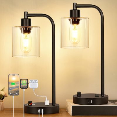 Set of 2 Industrial Table Lamps with 2 USB Port, Fully Stepless Dimmable Bedside Lamps for bedrooms, Nightstand Desk Lamp with Seeded Glass Shade for Reading Living Room Office 2 LED Bulb Included