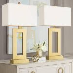 30" Tall Open Rectangle Large Modern Luxe Glam End Table Lamps Set of 2 Gold Finish Metal White Shade Living Room Bedroom Bedside Nightstand House Office Home Kitchen