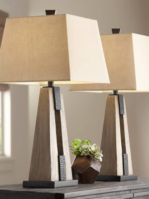 Rustic Farmhouse Table Lamps 27" Tall Set of 2 with Port Wood Oatmeal Tapered Rectangular Fabric Shade for Living Room Bedroom House Bedside Nightstand Home Office