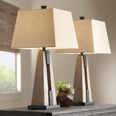 Rustic Farmhouse Table Lamps 27" Tall Set of 2 with Port Wood Oatmeal Tapered Rectangular Fabric Shade for Living Room Bedroom House Bedside Nightstand Home Office