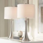 Modern Table Lamps 24" Tall Set of 2 with Dimmers Brushed Nickel Silver Metal White Drum Shade for Bedroom Living Room House Home Bedside Nightstand Office Family