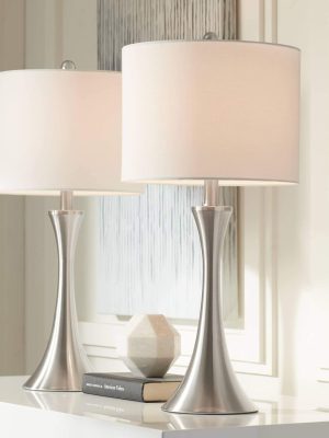 Modern Table Lamps 24" Tall Set of 2 with Dimmers Brushed Nickel Silver Metal White Drum Shade for Bedroom Living Room House Home Bedside Nightstand Office Family
